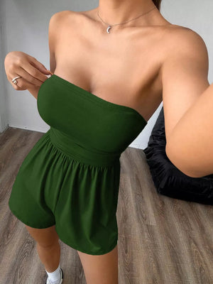 Green cotton strapless ruched waist romper with shorts