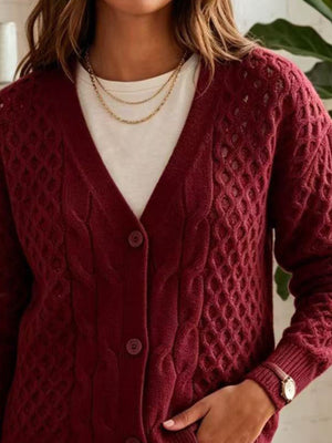 Cable-Knit V-Neck Button-Down Cardigan in Wine Red with cable-knit