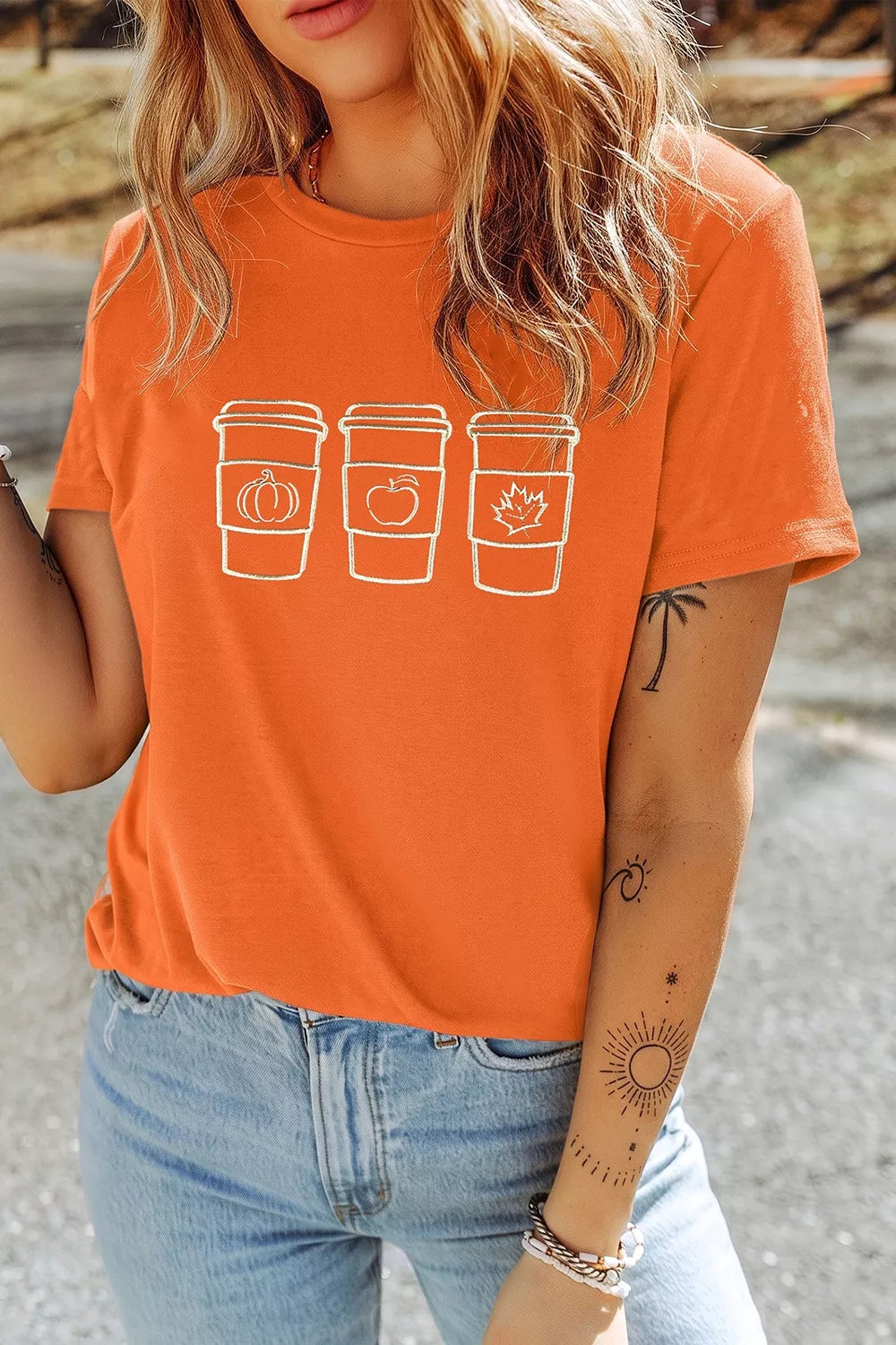 Embroidered Fall Drinks Round Neck Tee in Tangerine