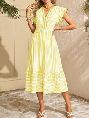 Yellow striped midi dress with ruffle sleeves and a notched V-neck.