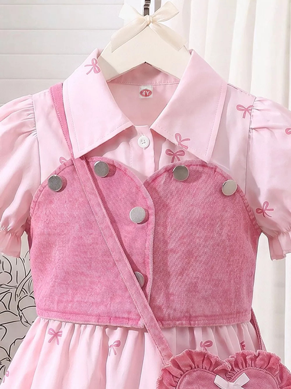 Children's Bow Print Puff Sleeve Dress Set in Pink