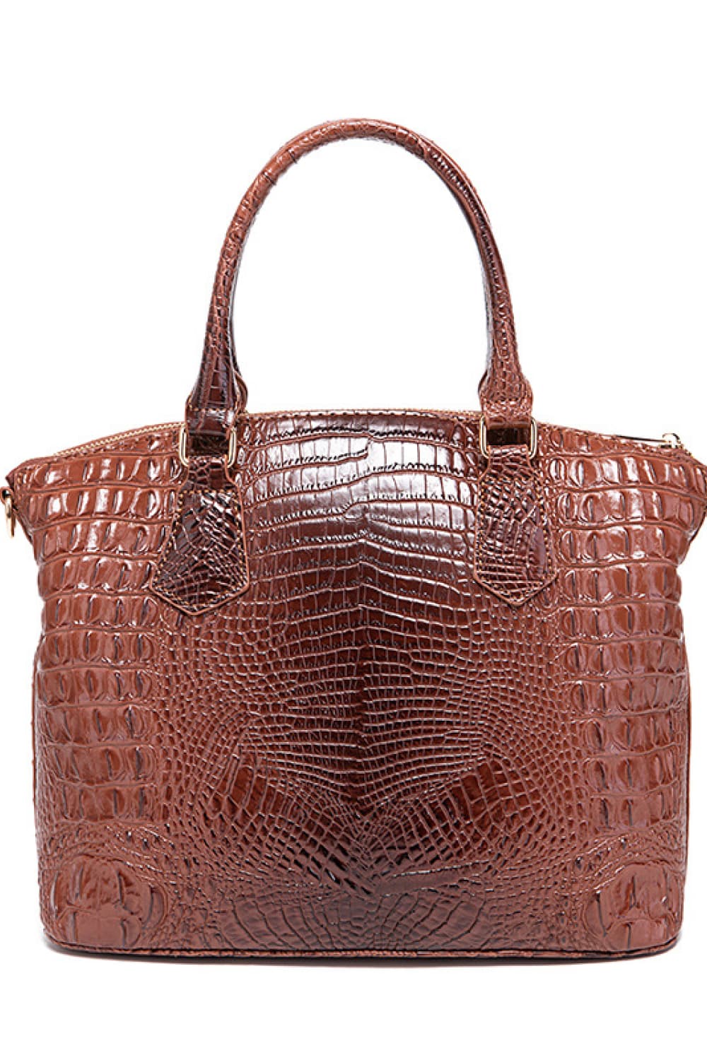 Brown crocodile embossed satchel bag with top handles and gold hardware.