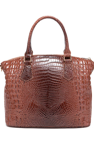 Brown crocodile embossed satchel bag with top handles and gold hardware.