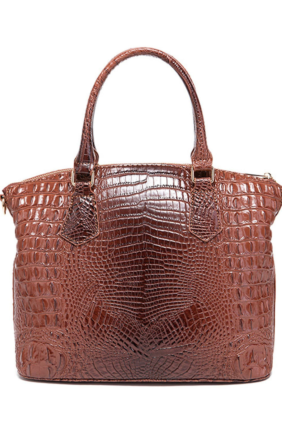 Brown crocodile embossed satchel bag with top handles and gold hardware.