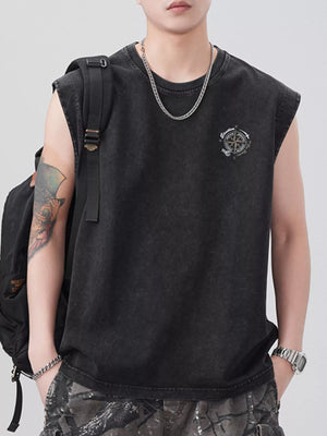 Black oversized cotton round-neck tank top with compass graphic detail.