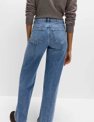 Seam-detail wide leg maternity jeans in blue denim with pockets.