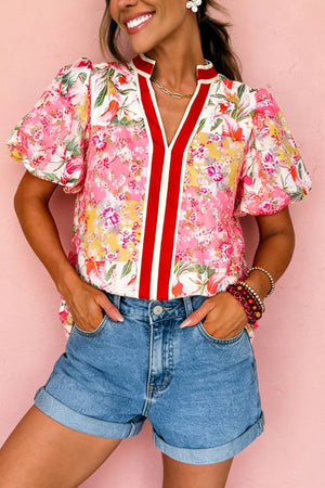 Contrast Collared V Neck Short Sleeve Floral Blouse in Floral