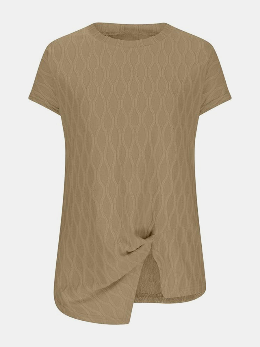 Camel textured tee with short sleeves and a knot-front asymmetric hem.