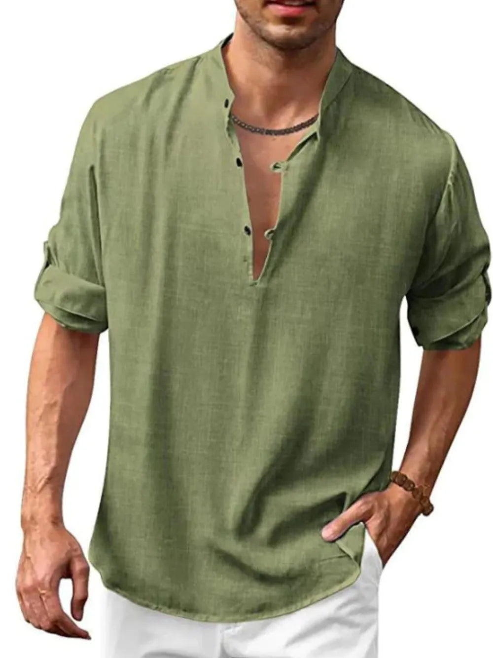 Moss green half-button shirt with rolled sleeves and a band collar.