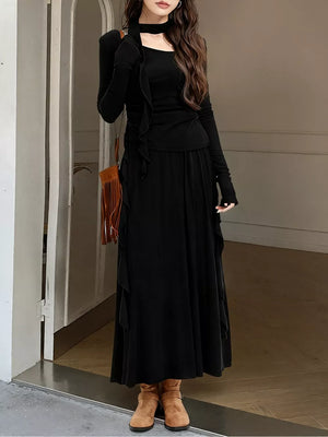 Ruffled Long Sleeve Knit Top And Maxi Skirt Set option 7