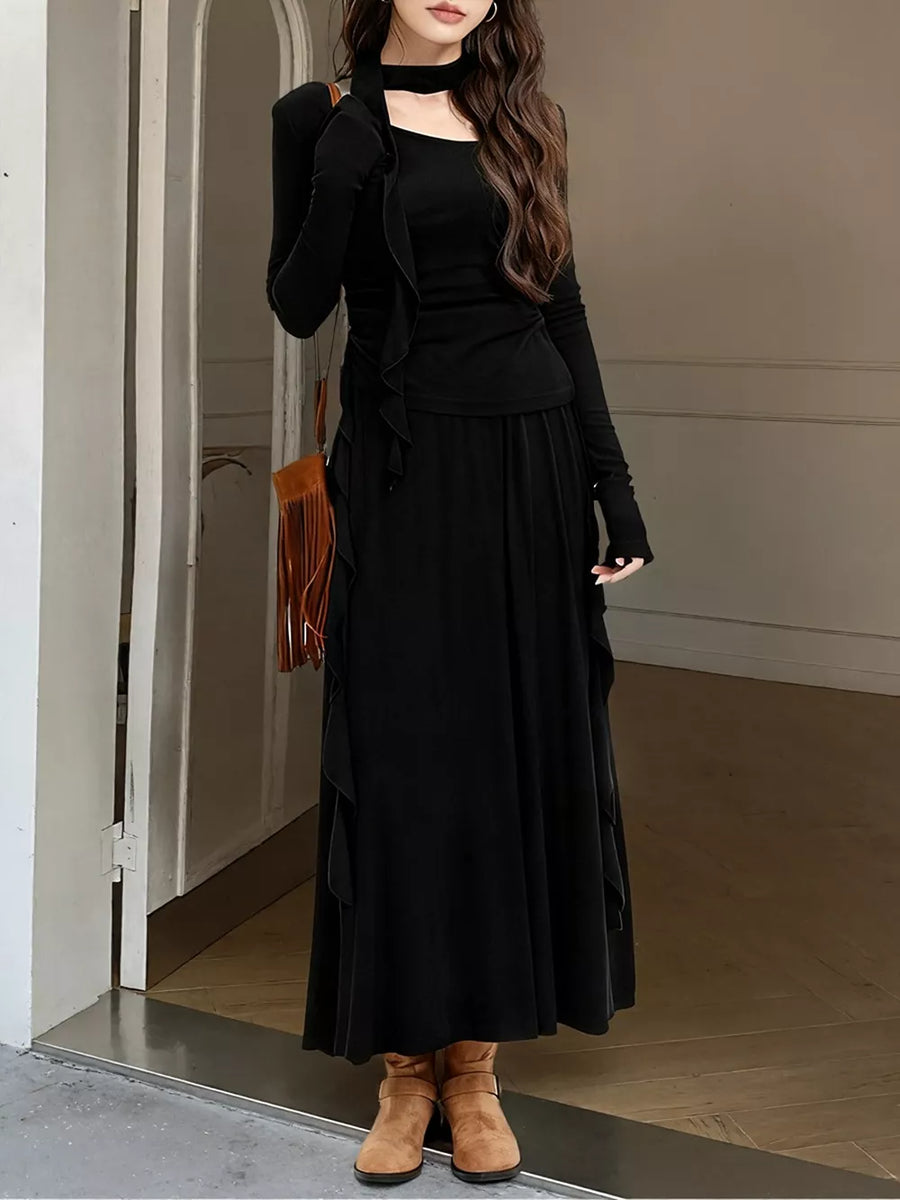 Ruffled Long Sleeve Knit Top And Maxi Skirt Set option 7