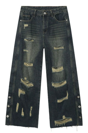 Distressed dark wash wide leg jeans with side button slits and frayed hem