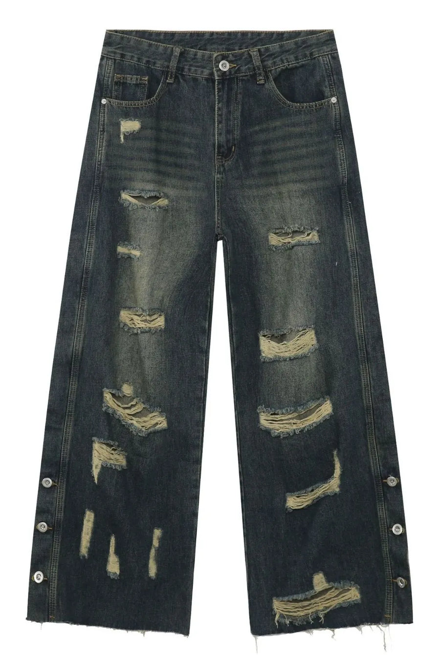 Distressed dark wash wide leg jeans with side button slits and frayed hem