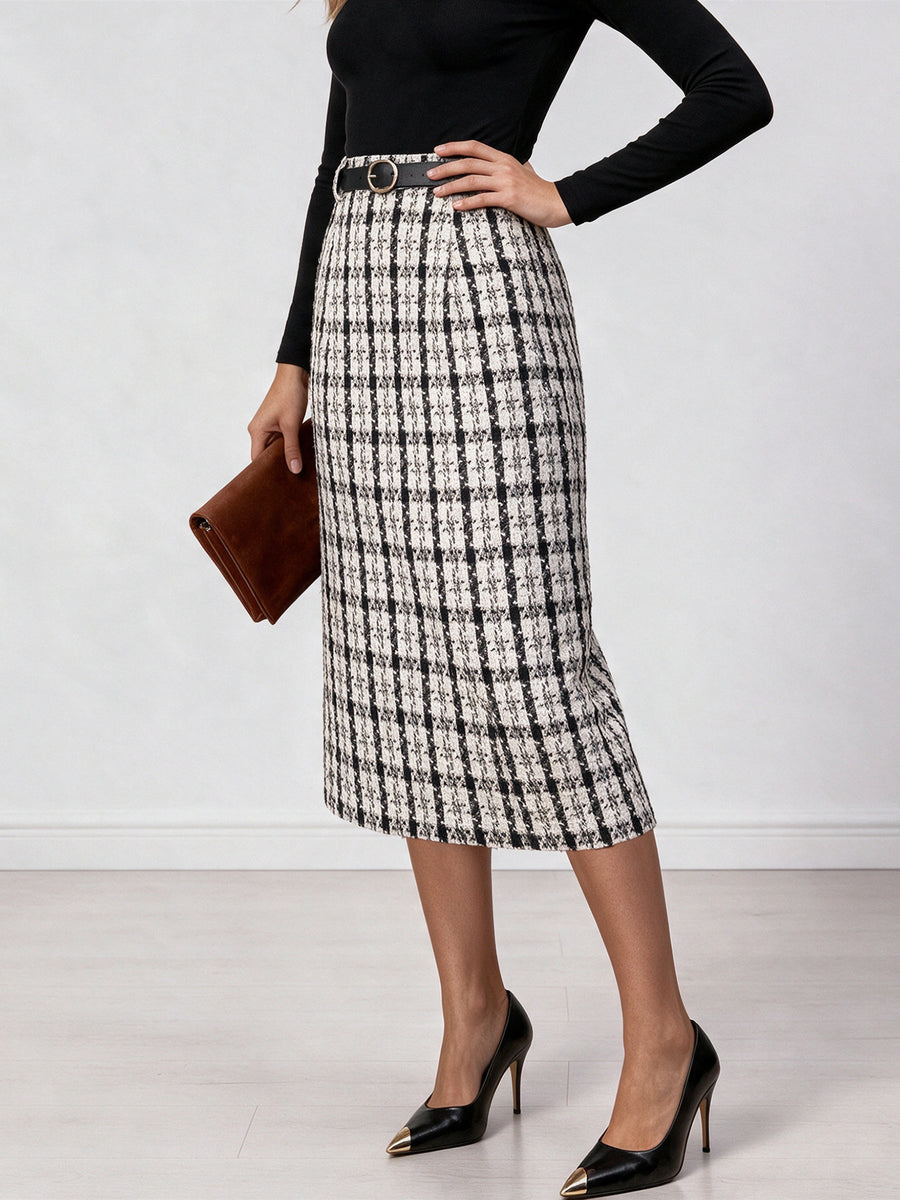 midi skirt featuring plaid in Black with 90% polyester, 10% viscose Care instructions: Machine wash cold texture
