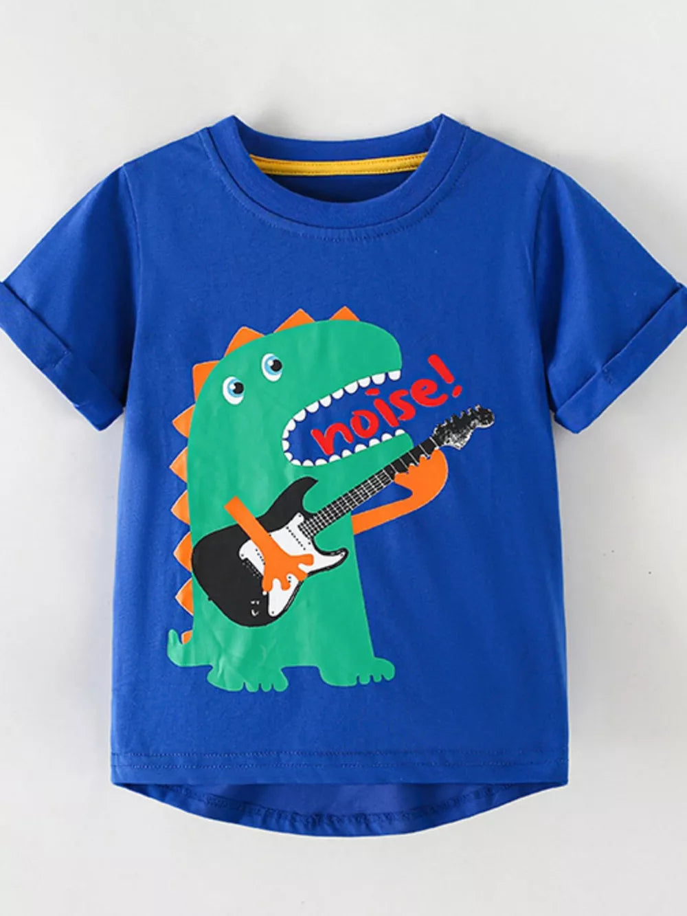Blue cotton crew neck t-shirt with a graphic of a green dinosaur playing a guitar and the word "noise!".