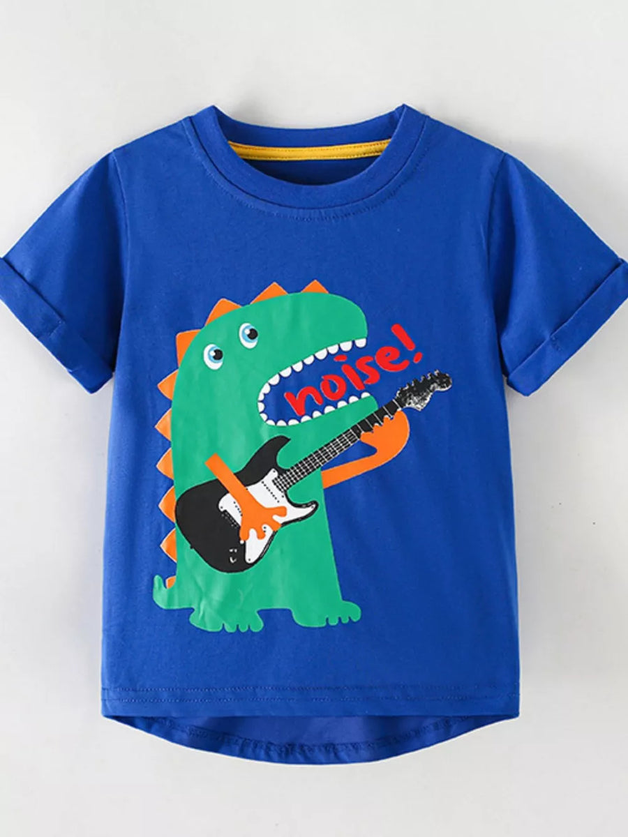 Blue cotton crew neck t-shirt with a graphic of a green dinosaur playing a guitar and the word "noise!".