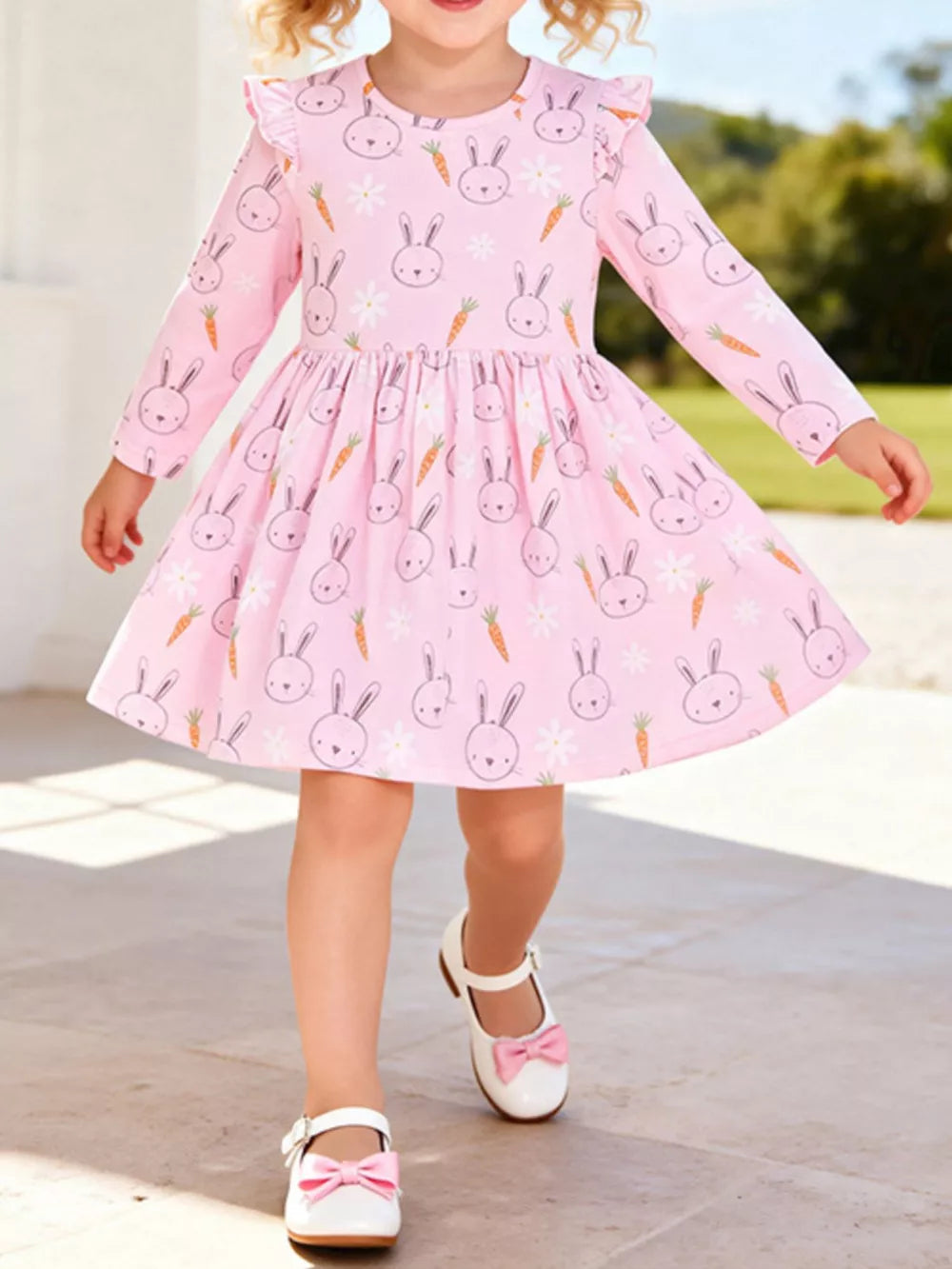 blush pink A-line dress with bunny print and round neck