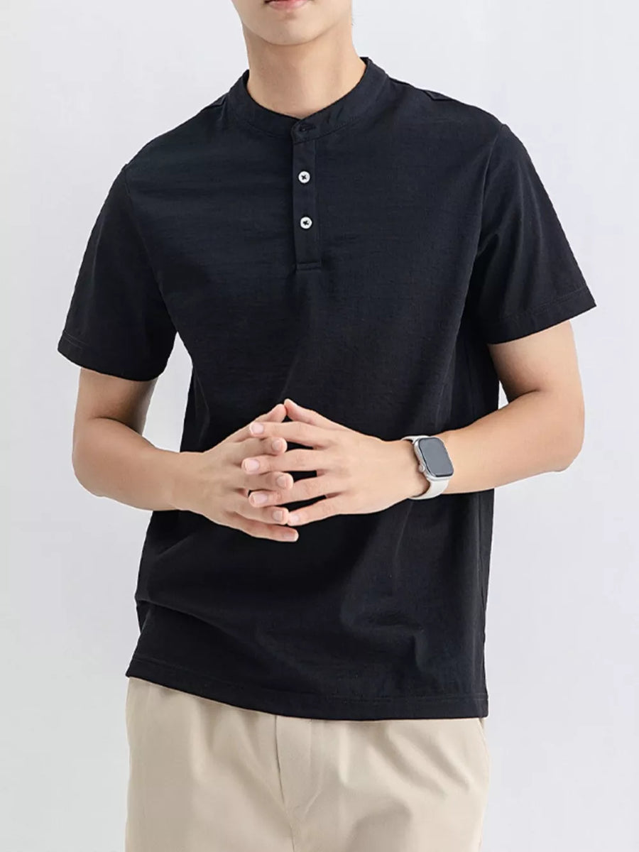 Black cotton short sleeve men's t-shirt with band collar and button placket