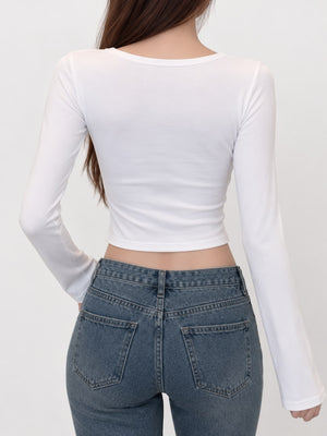 Slim-Fit Long Sleeve Cropped U-Neck T-Shirt in Gray