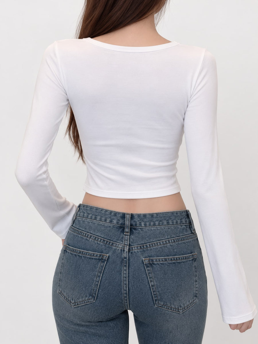Slim-Fit Long Sleeve Cropped U-Neck T-Shirt in Gray
