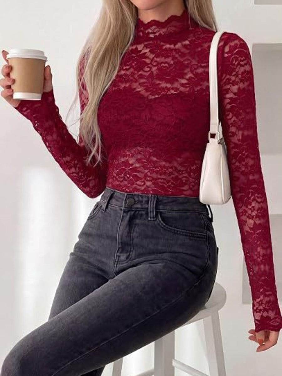 Mock Neck Floral Lace Long Sleeve Blouse in Black with lace