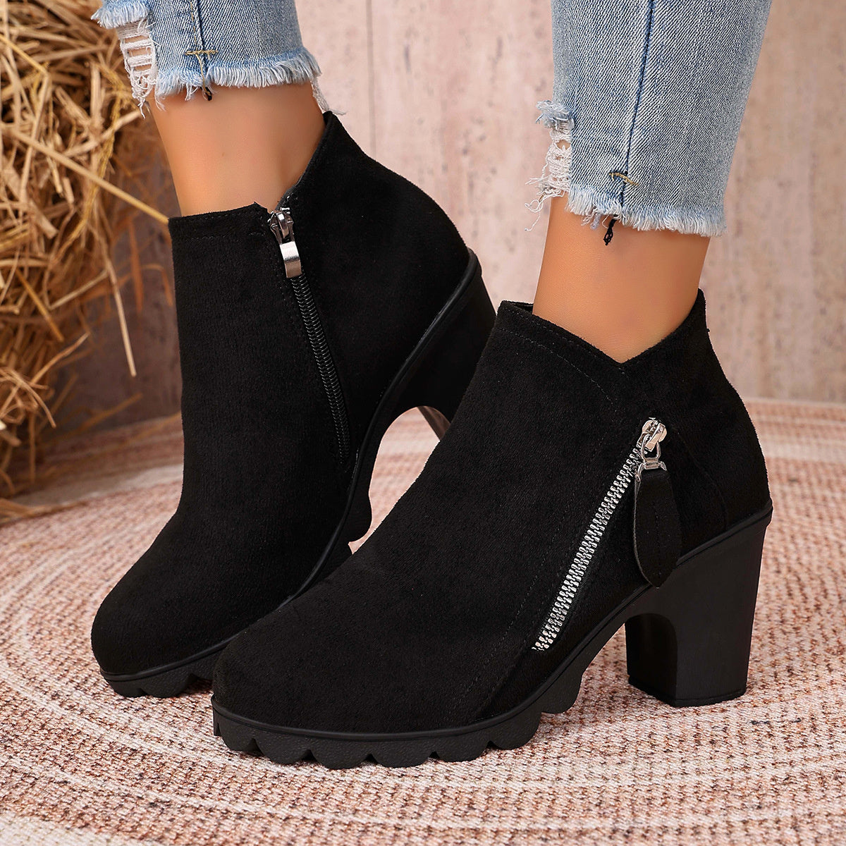 boots in black featuring block heel and ankle boot fit