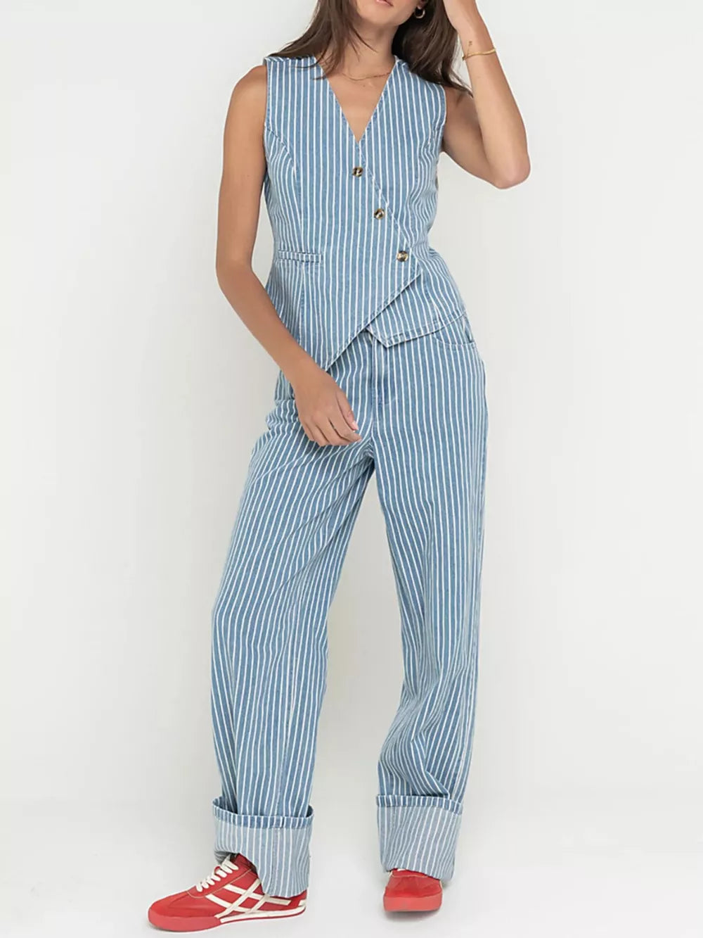 denim blue set with striped and v-neck