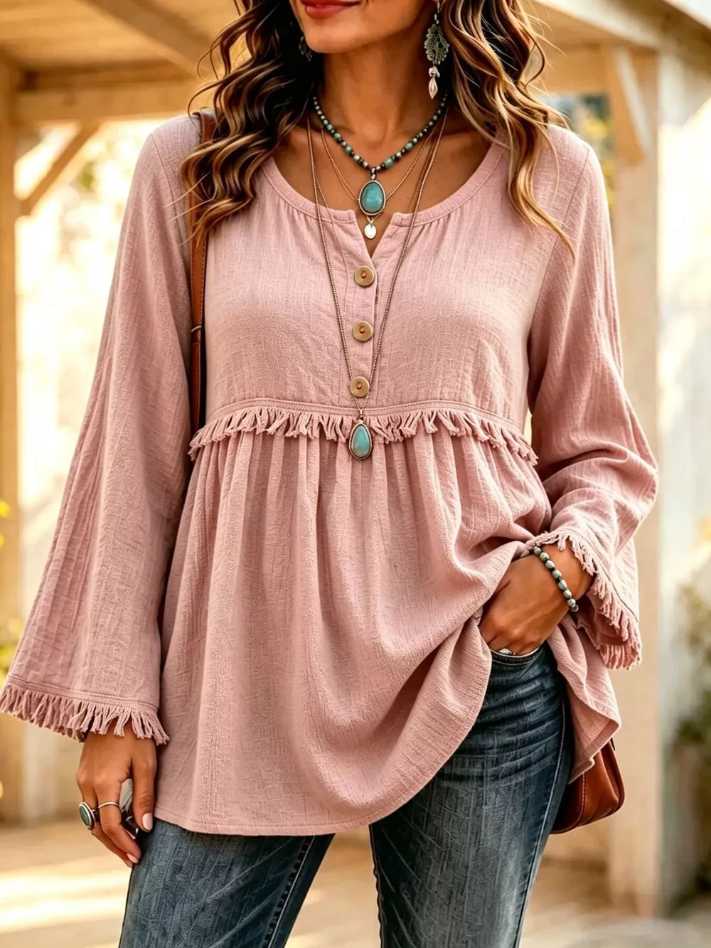 blouse in blush pink featuring fringe and A-line fit