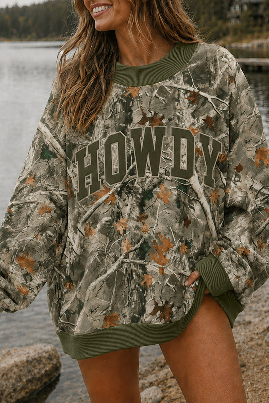 olive green sweatshirt with camo and crew neck