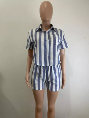 Chic striped two-piece set with button-up shirt and shorts in royal blue and white.