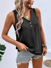 Black textured V-neck sleeveless top with two button details
