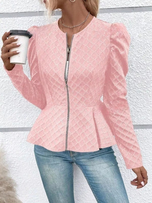 Pink with Puff Sleeve Textured Jacquard Jacket in Pink
