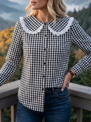 white button-up shirt featuring peter pan collar and gingham