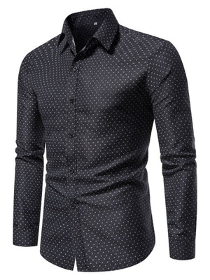 Black cotton slim fit button-up shirt with micro-dot pattern