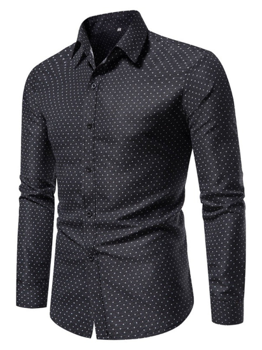 Black cotton slim fit button-up shirt with micro-dot pattern
