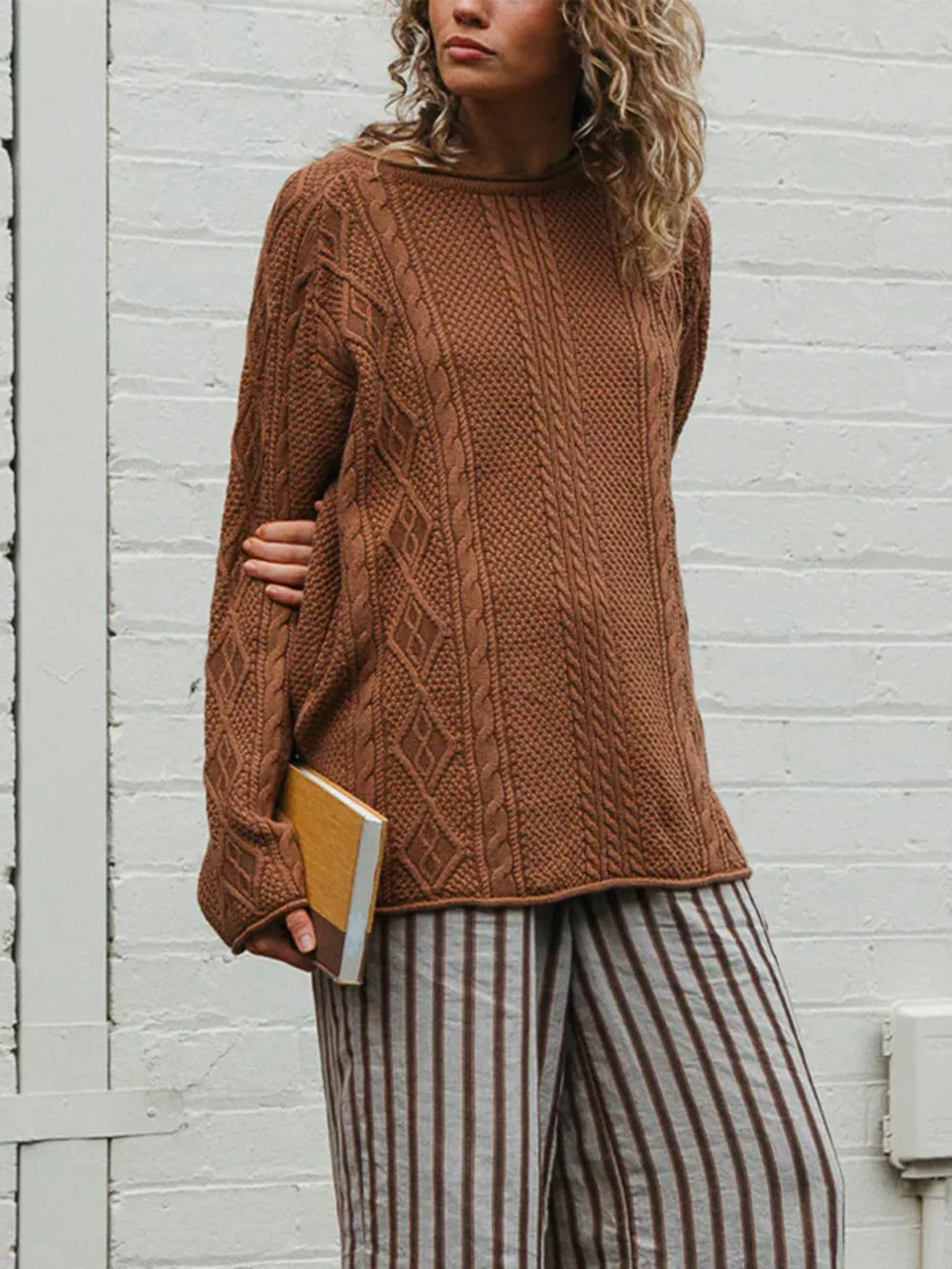 Caramel pullover sweater with hip-length and pullover