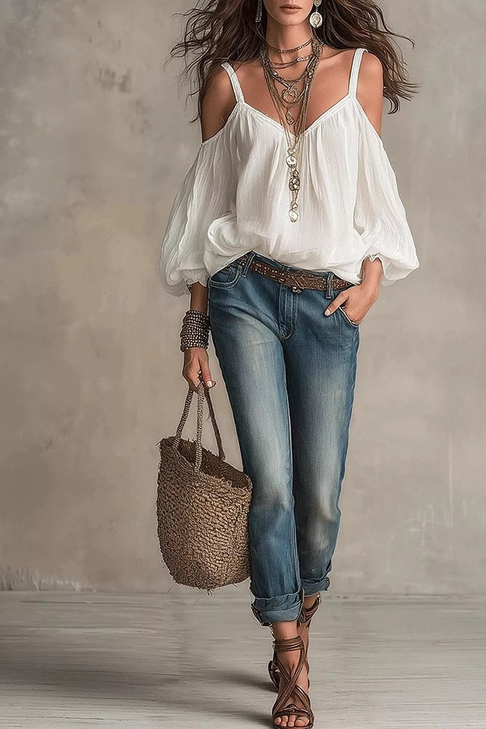 Cold Shoulder Balloon Sleeve Blouse in White