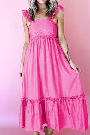 Ruffled sleeveless pink maxi dress with smocked waist and tiered hem