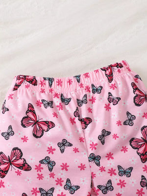 Pink baby girls' set with elastic waistband and allover butterfly and floral print.