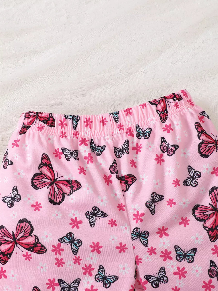 Pink baby girls' set with elastic waistband and allover butterfly and floral print.