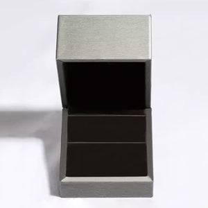Open ring box with grey exterior and black interior.