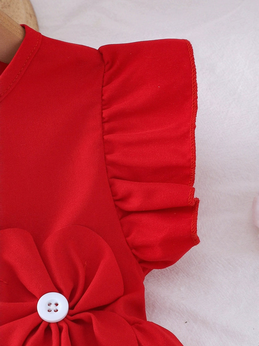 Red cotton baby dress with ruffle sleeves and flower appliqué detail.