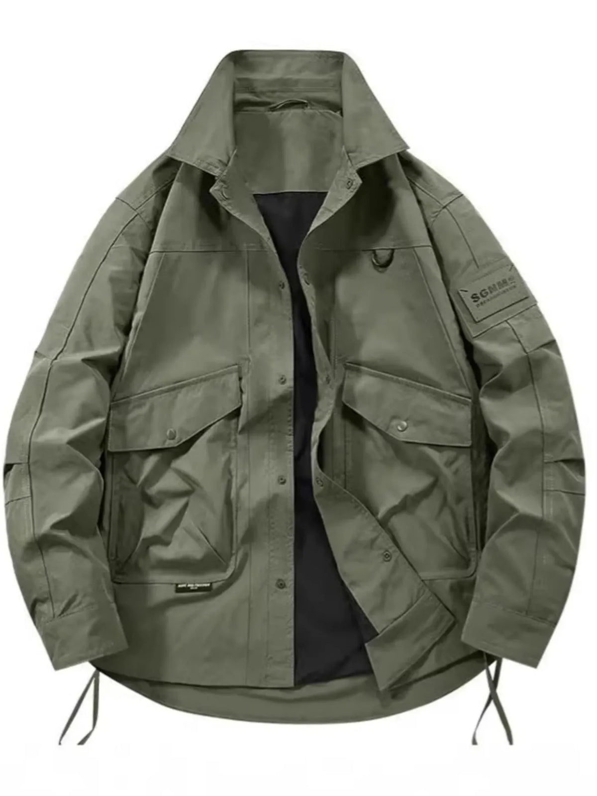 Oversized Army Green Cargo Jacket with multiple pockets and drawstring hem.