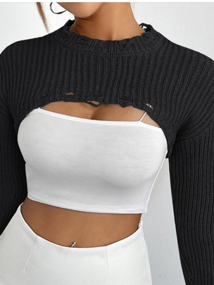 Black distressed knit bolero crop top with crew neck and long sleeves.