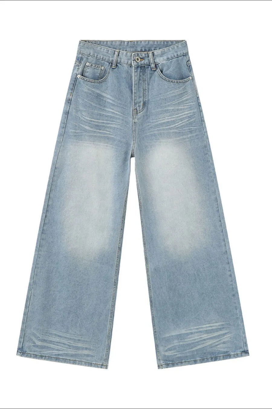 Oversized wash denim palazzo trousers in medium blue with a wide leg and distressed details.
