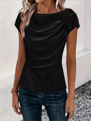Brown Ruched Short Sleeve Satin Top