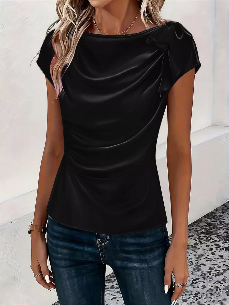 Brown Ruched Short Sleeve Satin Top