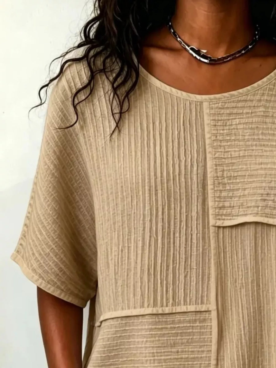 Full Size Texture Round Neck Half Sleeve Blouse in Light Yellow