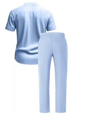 Black Men's Casual Button-up Short Sleeve Shirt And Pants Set