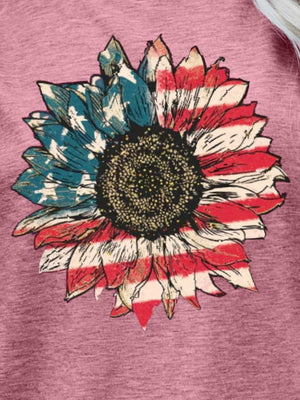 Dusty Pink graphic tee with an American flag sunflower design